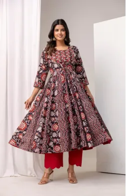 Bagru Black Red Anarkali Set