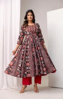 Bagru Black Red Anarkali Set