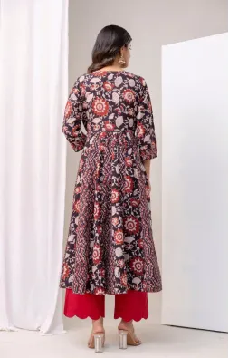 Bagru Black Red Anarkali Set