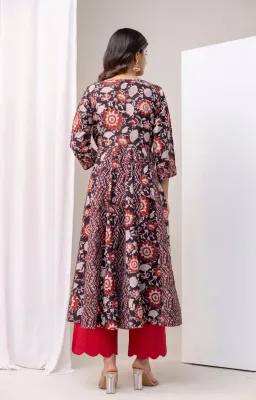 Bagru Black Red Anarkali Set