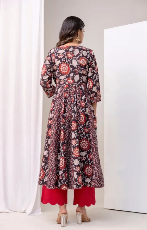 Bagru Black Red Anarkali Set