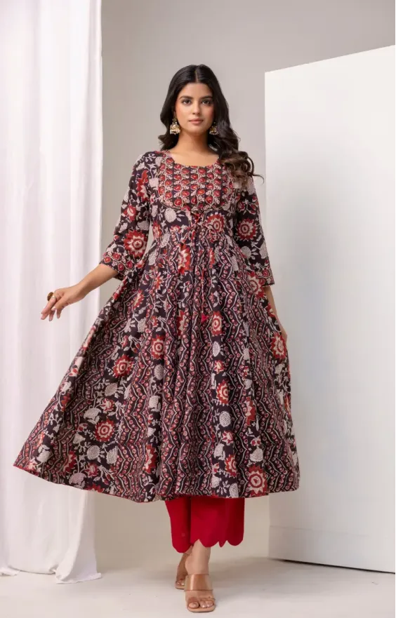 Bagru Black Red Anarkali Set