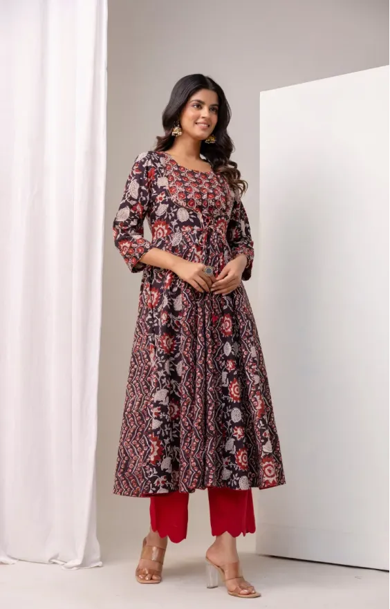 Bagru Black Red Anarkali Set