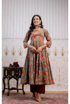 Pista Green Red Anarkali Set
