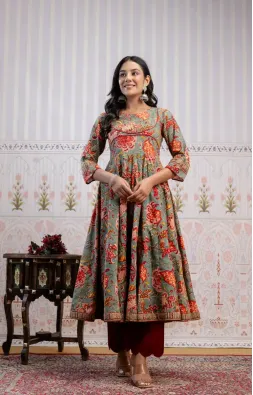 Pista Green Red Anarkali Set