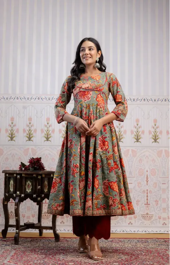 Pista Green Red Anarkali Set