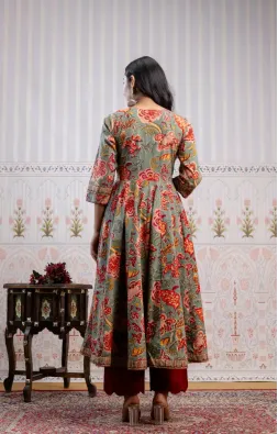 Pista Green Red Anarkali Set