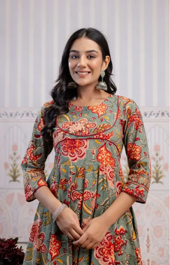 Pista Green Red Anarkali Set