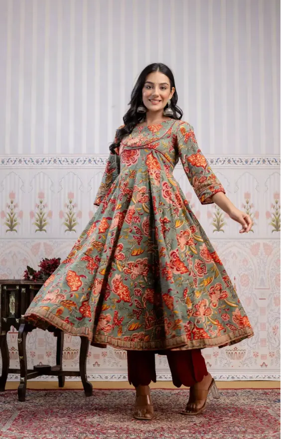 Pista Green Red Anarkali Set
