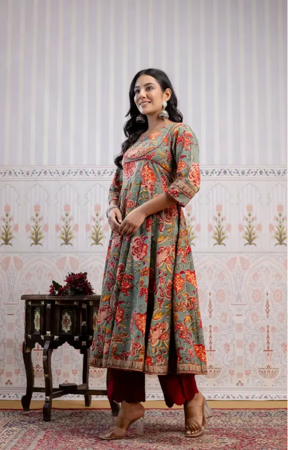 Pista Green Red Anarkali Set