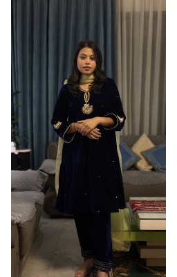 Royal Blue Velvet Kurta (Without Dupatta)