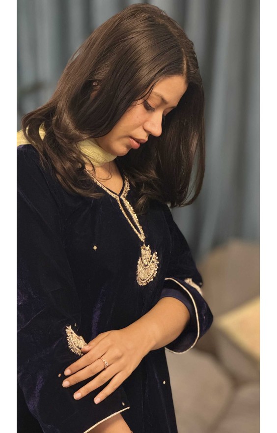 Royal Blue Velvet Kurta (Without Dupatta)