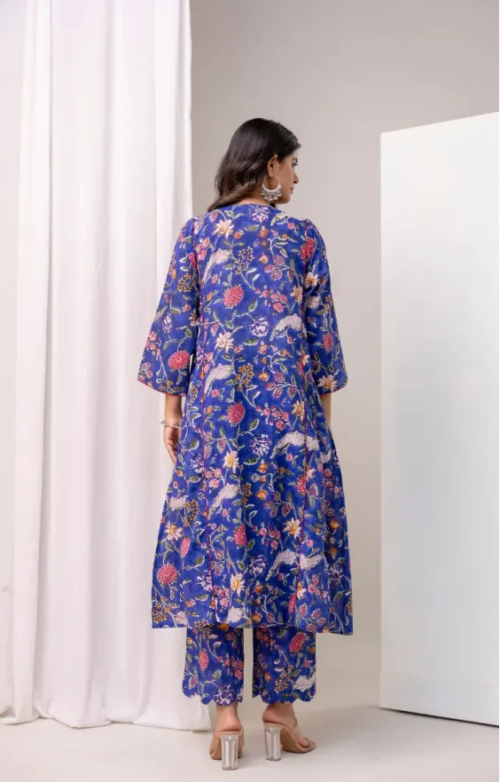 Blue Red Floral A-line Suit