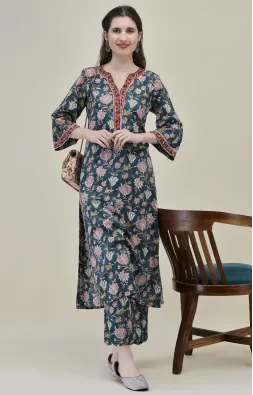 Teal Green Lotus Straight Suit