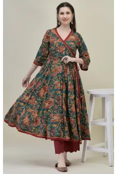 Hand Block Printed Deep Green Angrakha Kurti Set in Pure Cotton