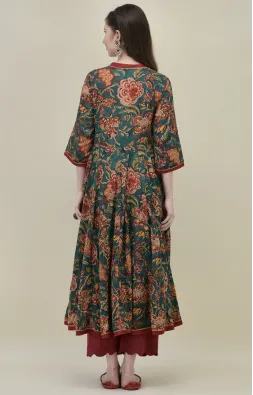 Hand Block Printed Deep Green Angrakha Kurti Set in Pure Cotton