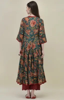 Hand Block Printed Deep Green Angrakha Kurti Set in Pure Cotton