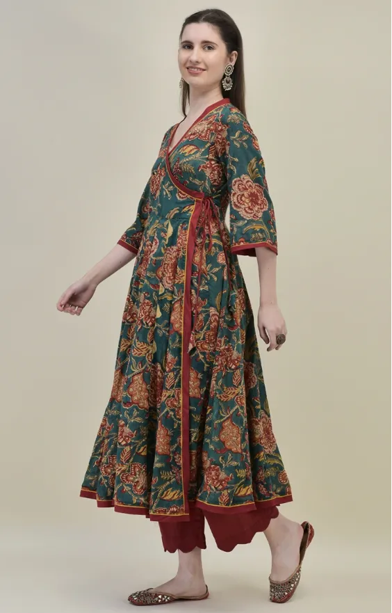 Hand Block Printed Deep Green Angrakha Kurti Set in Pure Cotton