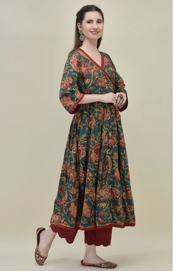 Hand Block Printed Deep Green Angrakha Kurti Set in Pure Cotton