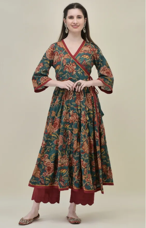 Hand Block Printed Deep Green Angrakha Kurti Set in Pure Cotton
