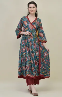 Teal Cotton Angrakha Suit Set with Traditional Hand Block Prints