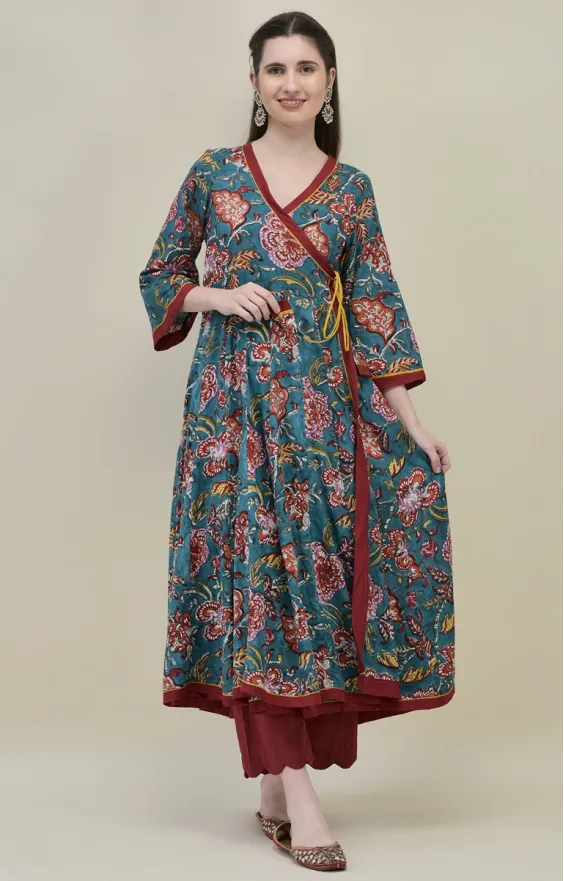 Teal Cotton Angrakha Suit Set with Traditional Hand Block Prints