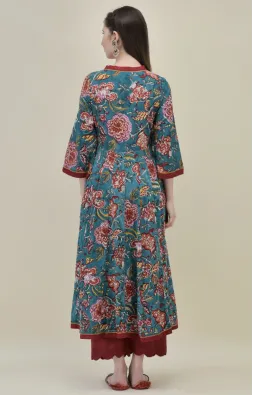 Teal Cotton Angrakha Suit Set with Traditional Hand Block Prints