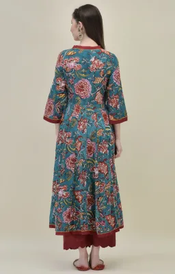 Teal Cotton Angrakha Suit Set with Traditional Hand Block Prints