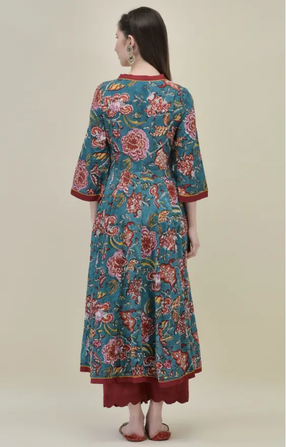 Teal Cotton Angrakha Suit Set with Traditional Hand Block Prints