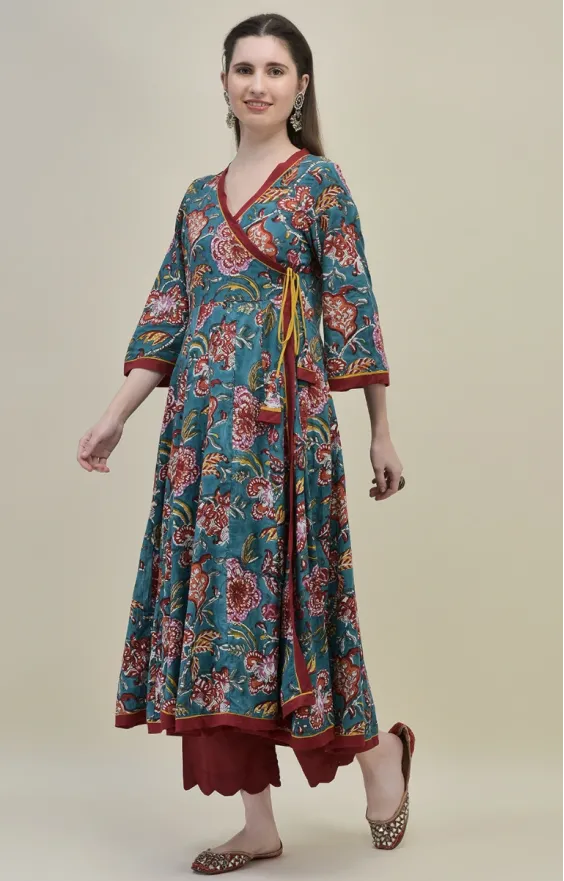 Teal Cotton Angrakha Suit Set with Traditional Hand Block Prints