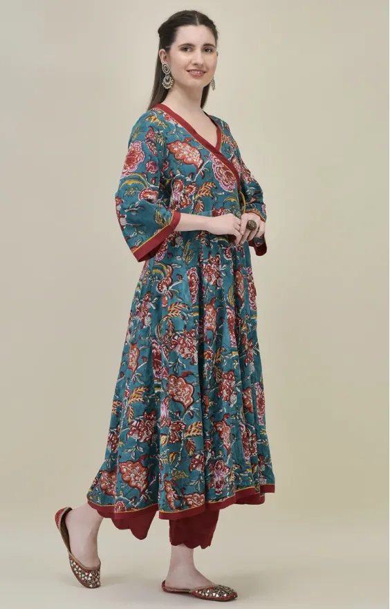 Teal Cotton Angrakha Suit Set with Traditional Hand Block Prints