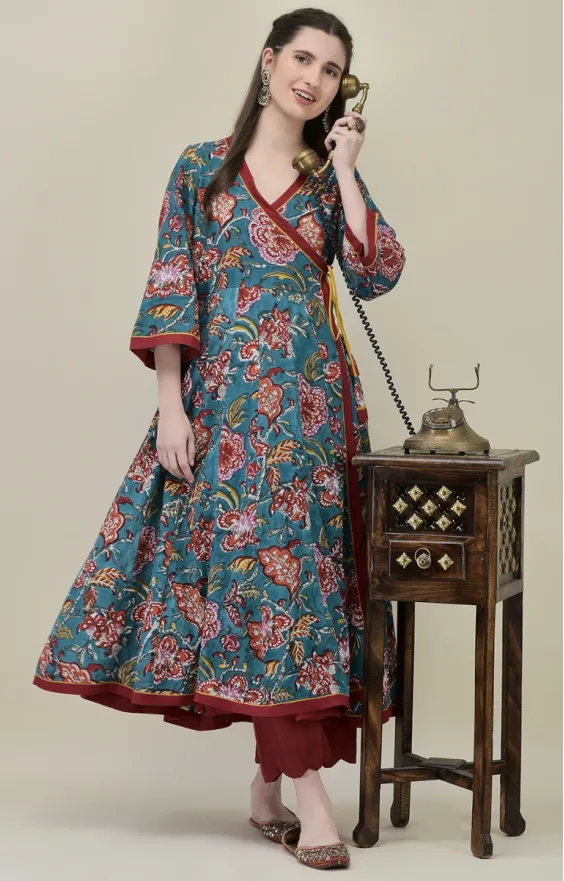 Teal Cotton Angrakha Suit Set with Traditional Hand Block Prints