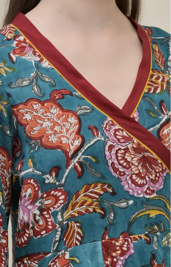 Teal Cotton Angrakha Suit Set with Traditional Hand Block Prints