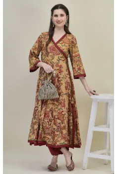 Hand Block Printed Beige Cotton Angrakha Suit Set