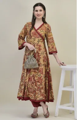 Hand Block Printed Beige Cotton Angrakha Suit Set