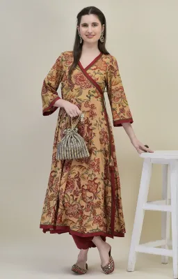 Hand Block Printed Beige Cotton Angrakha Suit Set