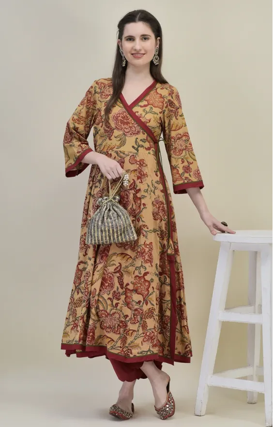 Hand Block Printed Beige Cotton Angrakha Suit Set