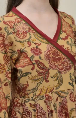 Hand Block Printed Beige Cotton Angrakha Suit Set