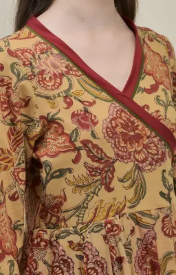Hand Block Printed Beige Cotton Angrakha Suit Set