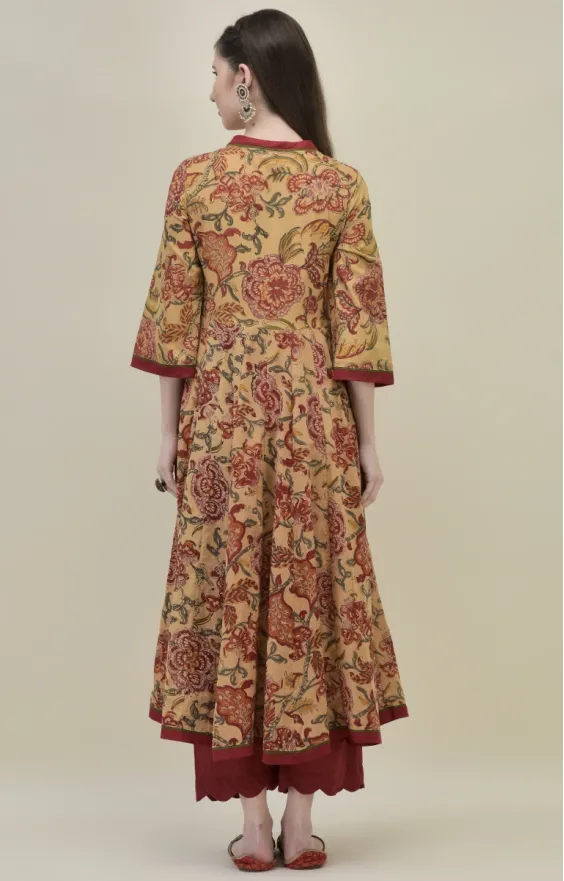 Hand Block Printed Beige Cotton Angrakha Suit Set