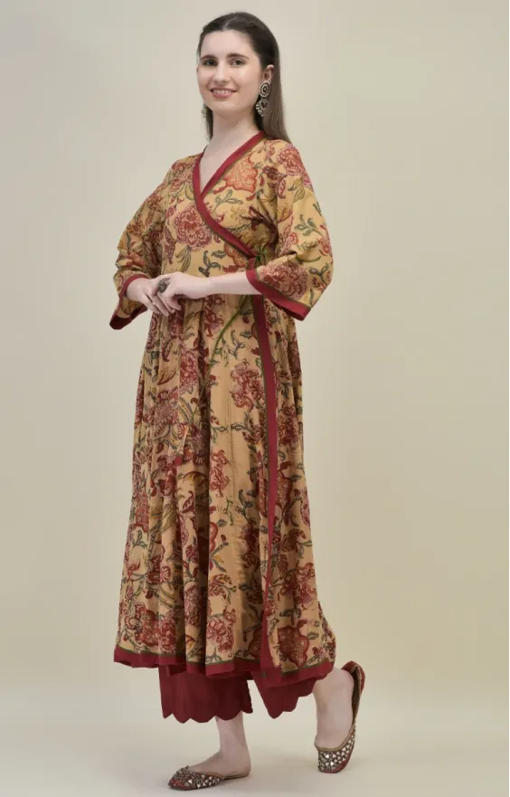 Hand Block Printed Beige Cotton Angrakha Suit Set