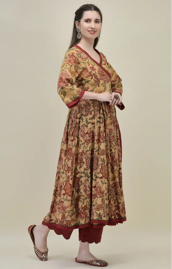Hand Block Printed Beige Cotton Angrakha Suit Set