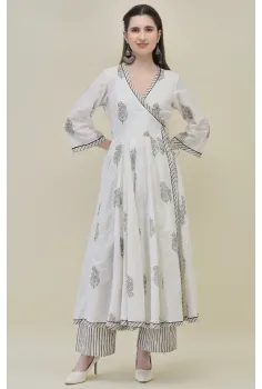 Hand Block Printed White Cotton Angrakha Suit Set