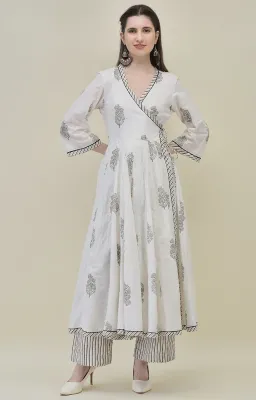 Hand Block Printed White Cotton Angrakha Suit Set
