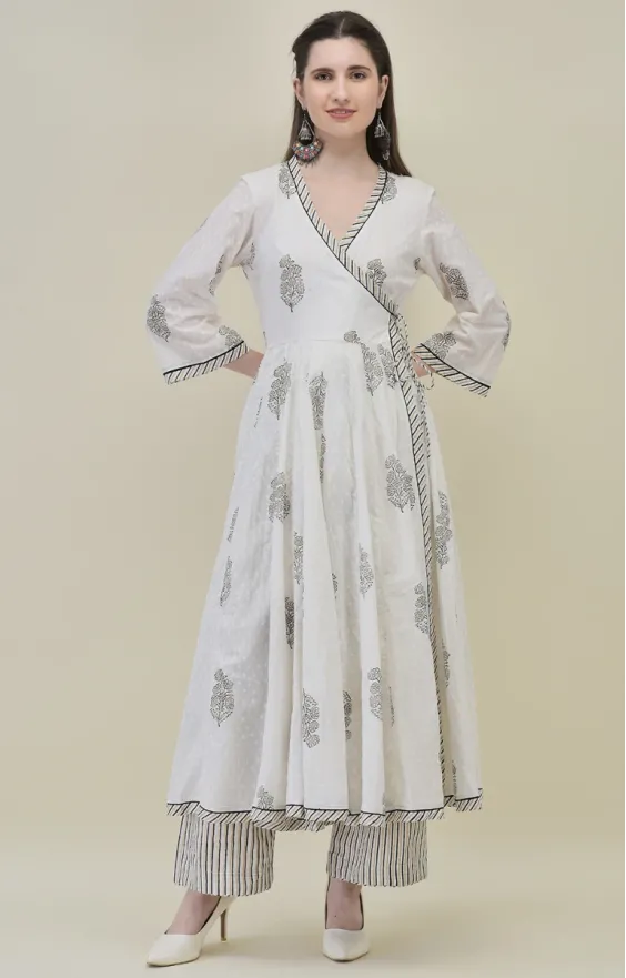 Hand Block Printed White Cotton Angrakha Suit Set