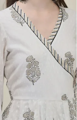 Hand Block Printed White Cotton Angrakha Suit Set