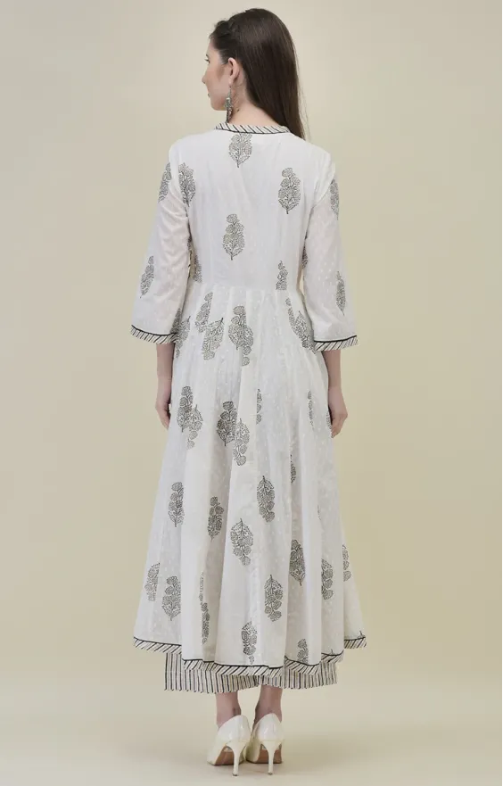 Hand Block Printed White Cotton Angrakha Suit Set