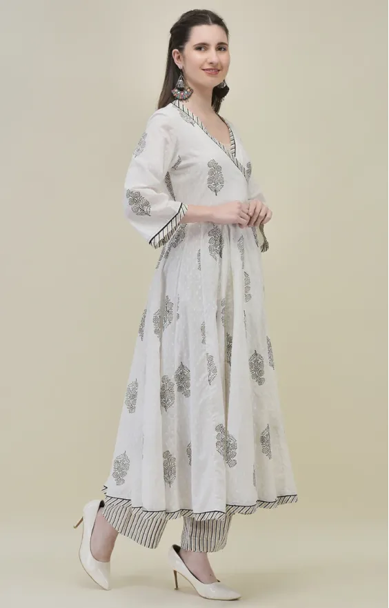 Hand Block Printed White Cotton Angrakha Suit Set