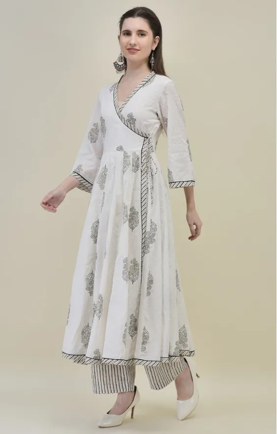 Hand Block Printed White Cotton Angrakha Suit Set