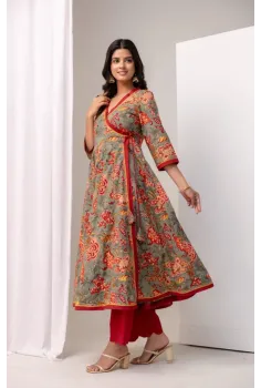 Cloud Grey Angrakha Cotton Suit Set with Hand Block Prints